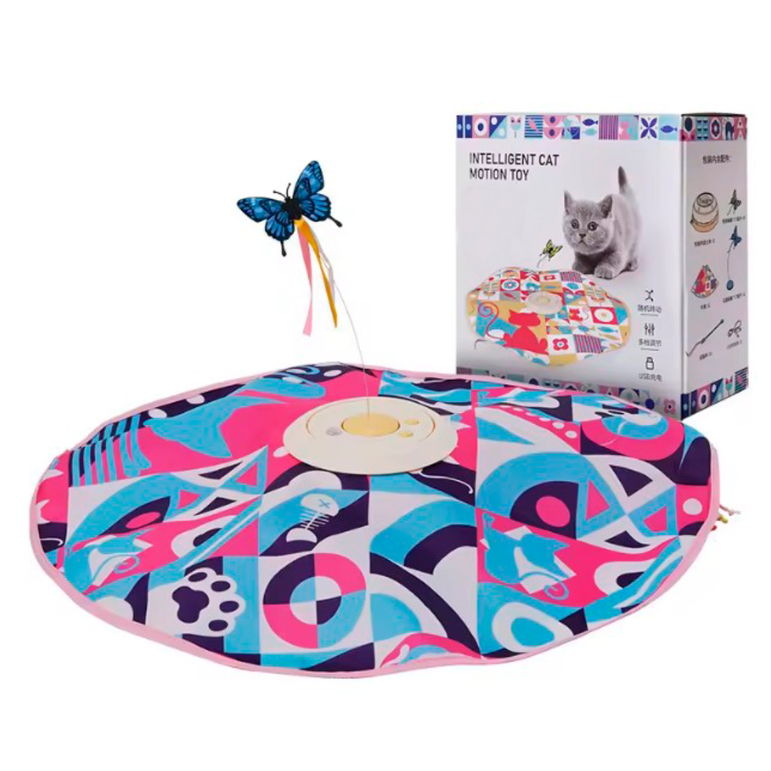 Manta juguete interactiva para gatos con sonido de ratón y plumas en movimiento.