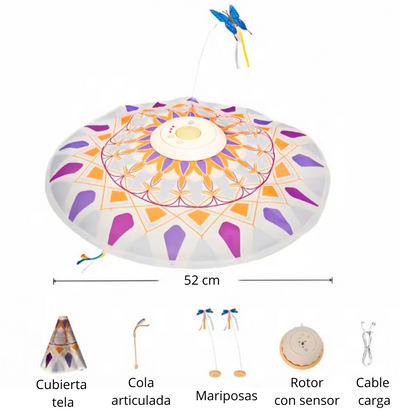 Manta juguete interactiva para gatos con sonido de ratón y plumas en movimiento.