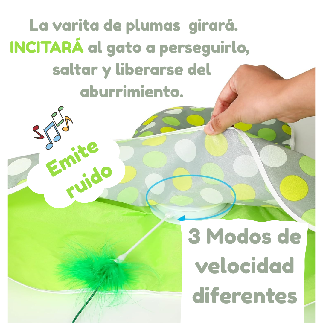 Manta juguete interactiva para gatos con sonido de ratón y plumas en movimiento.