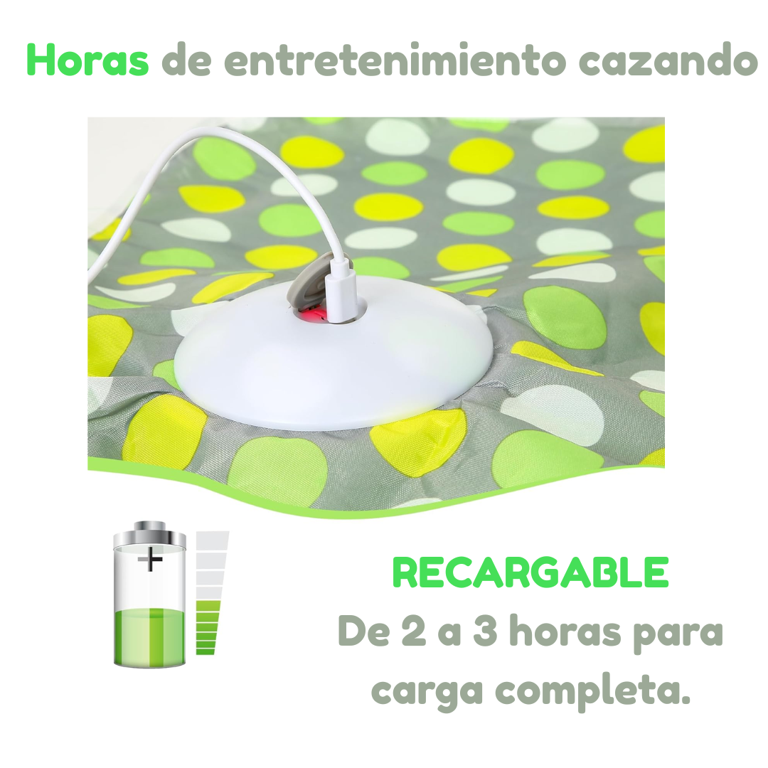 Manta juguete interactiva para gatos con sonido de ratón y plumas en movimiento.