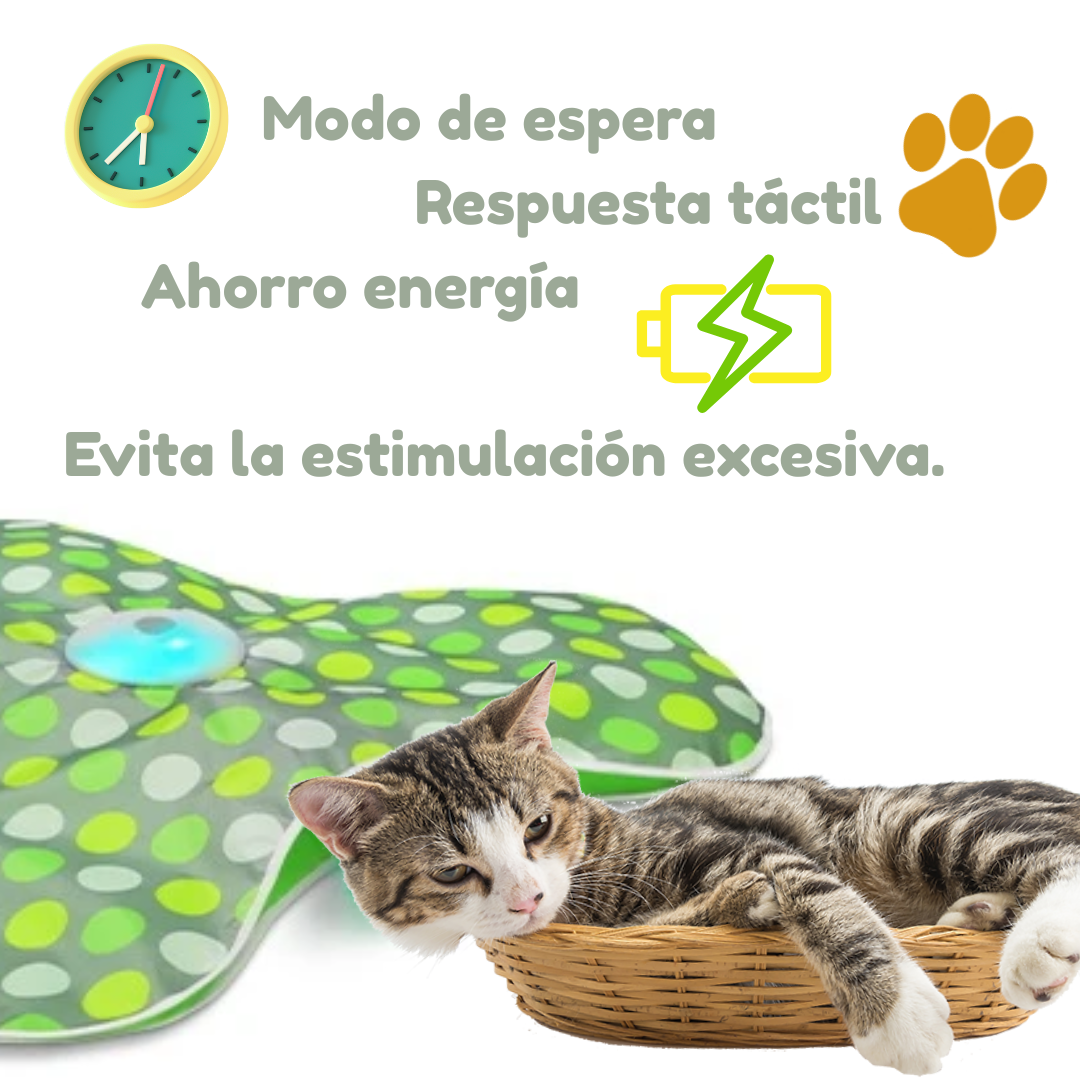 Manta juguete interactiva para gatos con sonido de ratón y plumas en movimiento.